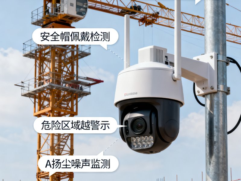 工地安监智能监控系统现场照片，建筑工地塔吊上安装的高清球机正在巡航，画面中标注了安全帽佩戴检测、危险区域越界警示、扬尘噪声监测等AI分析功能标签