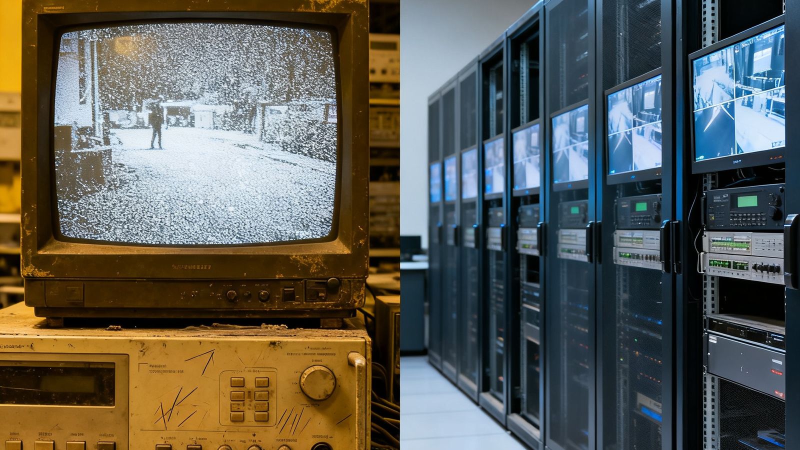 老旧工厂监控室改造前后对比图，左侧为改造前布满雪花噪点的模拟监控画面和老旧设备，右侧为改造后清晰的数字高清画面和整洁的机柜布局