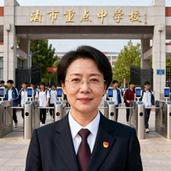 某市重点中学校长王芳的职业照，背景为学校大门及人脸识别闸机通道，学生们正在有序通过